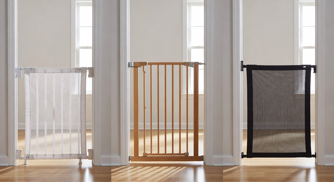 Side-by-side photo of three baby gates installed in a home doorway, showing expa…