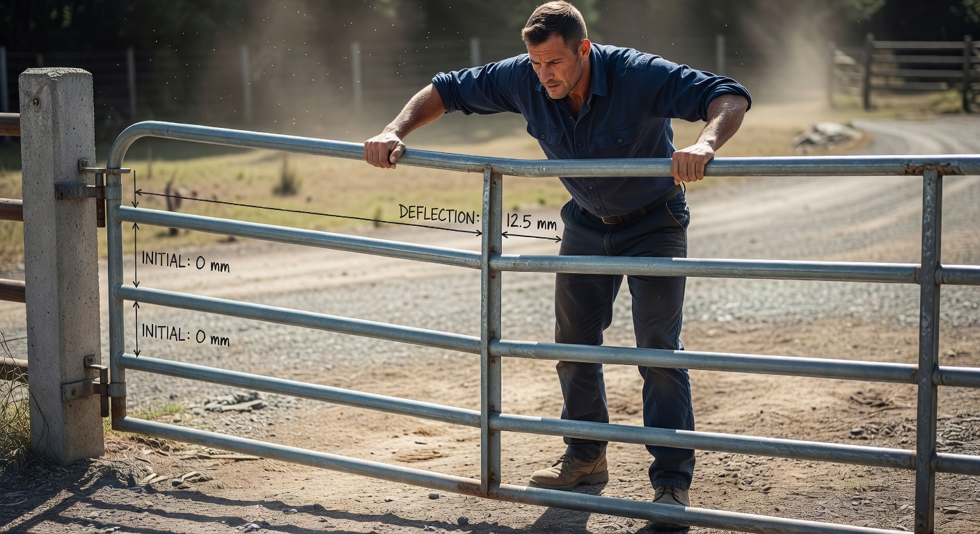 Close-up of stress test with adult leaning on gate, deflection measurements labe…