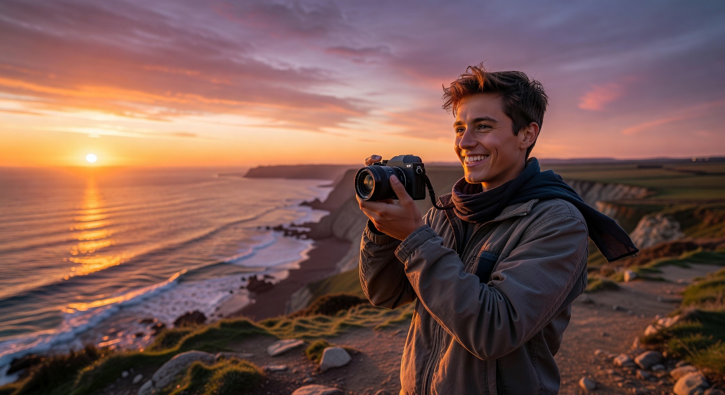A beginner photographer smiling while shooting a sunset landscape with a compact…