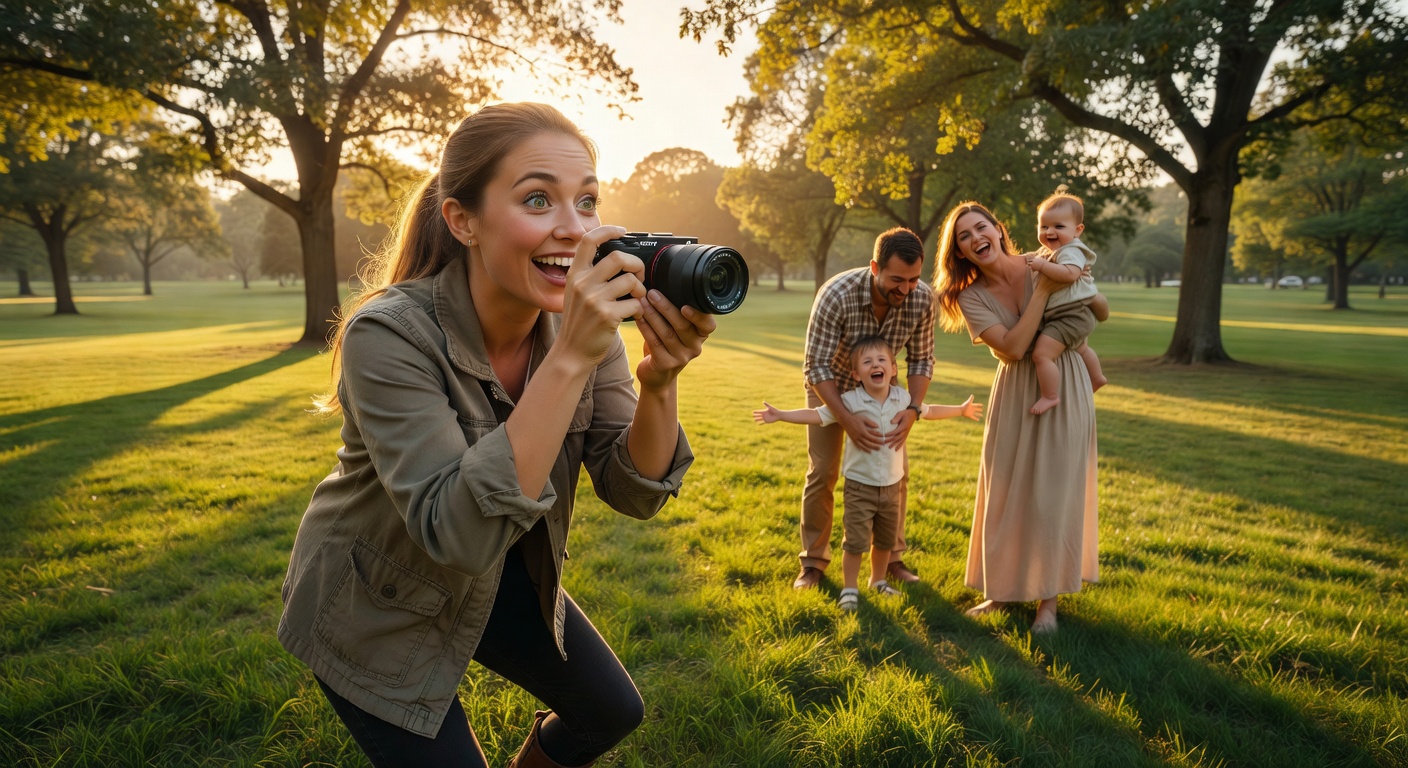 Excited beginner photographer capturing a family moment at golden hour with a co…