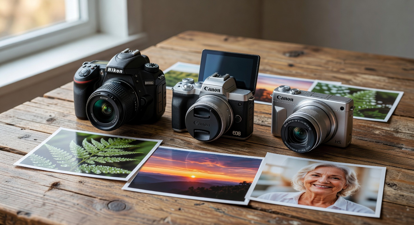 Side-by-side comparison of Nikon D3500, Canon M50, and SX740 HS on a wooden tabl…
