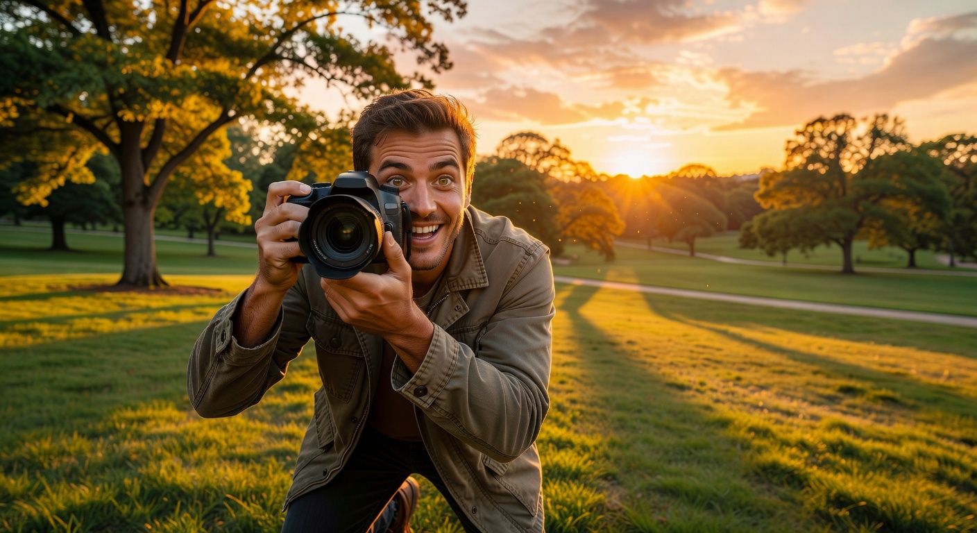 Excited beginner photographer capturing golden hour sunset in a park with a DSLR…