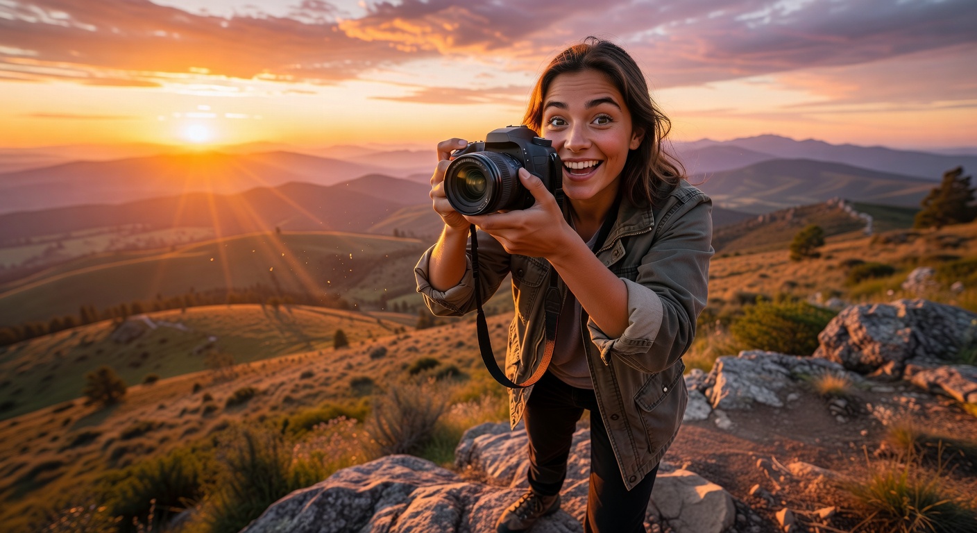 Excited beginner photographer holding a DSLR camera at golden hour sunset, captu…