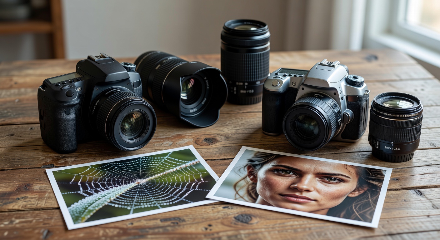 Side-by-side comparison of beginner DSLR cameras on a wooden table with lenses a…