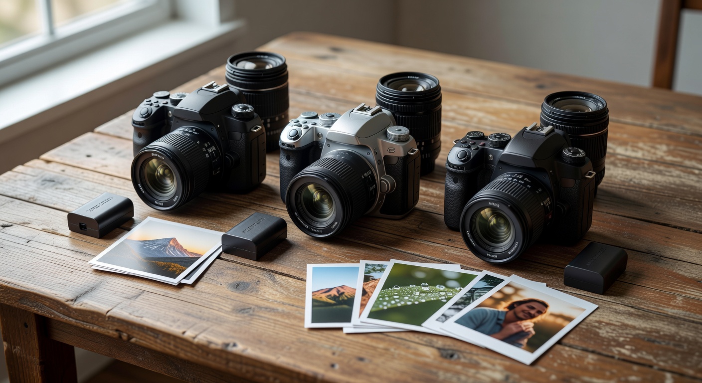Side-by-side comparison of top beginner DSLRs on a wooden table with lenses, bat…