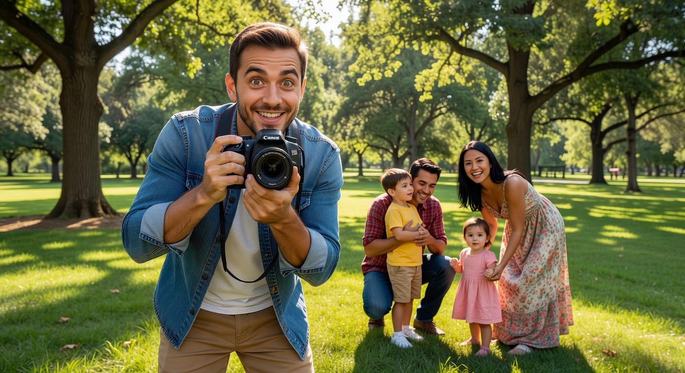 Excited beginner photographer holding a DSLR camera in a sunny park, capturing a…