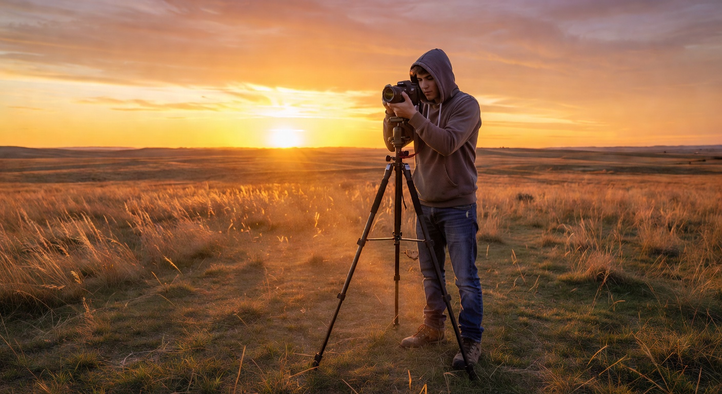 A beginner photographer capturing a sunset landscape with a Canon DSLR on a trip…