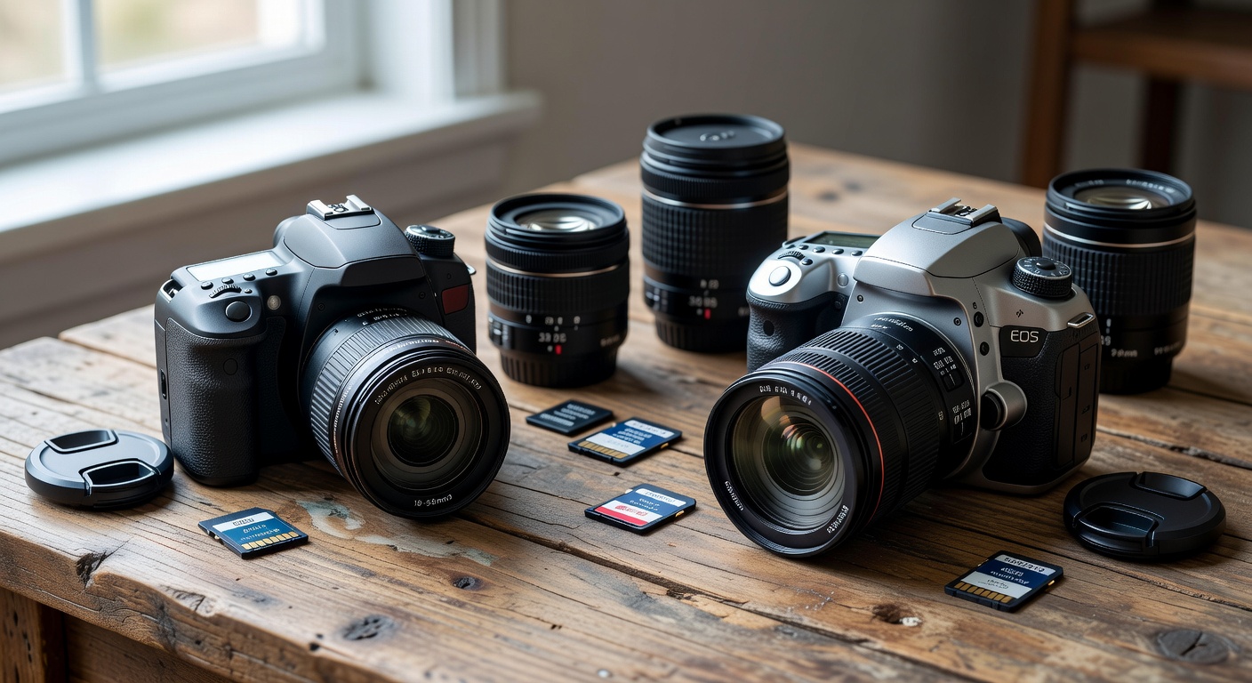 Side-by-side comparison of top DSLR cameras for beginners on a wooden table with…