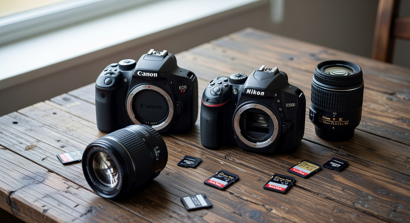 Side-by-side comparison of Canon Rebel T7 and Nikon D3500 on a wooden table with…