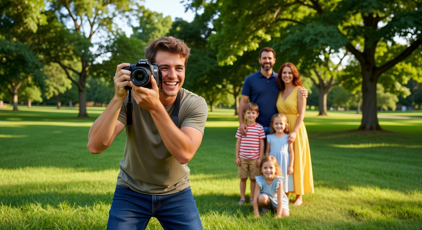 A beginner photographer smiling behind a DSLR camera in a sunny park, capturing …