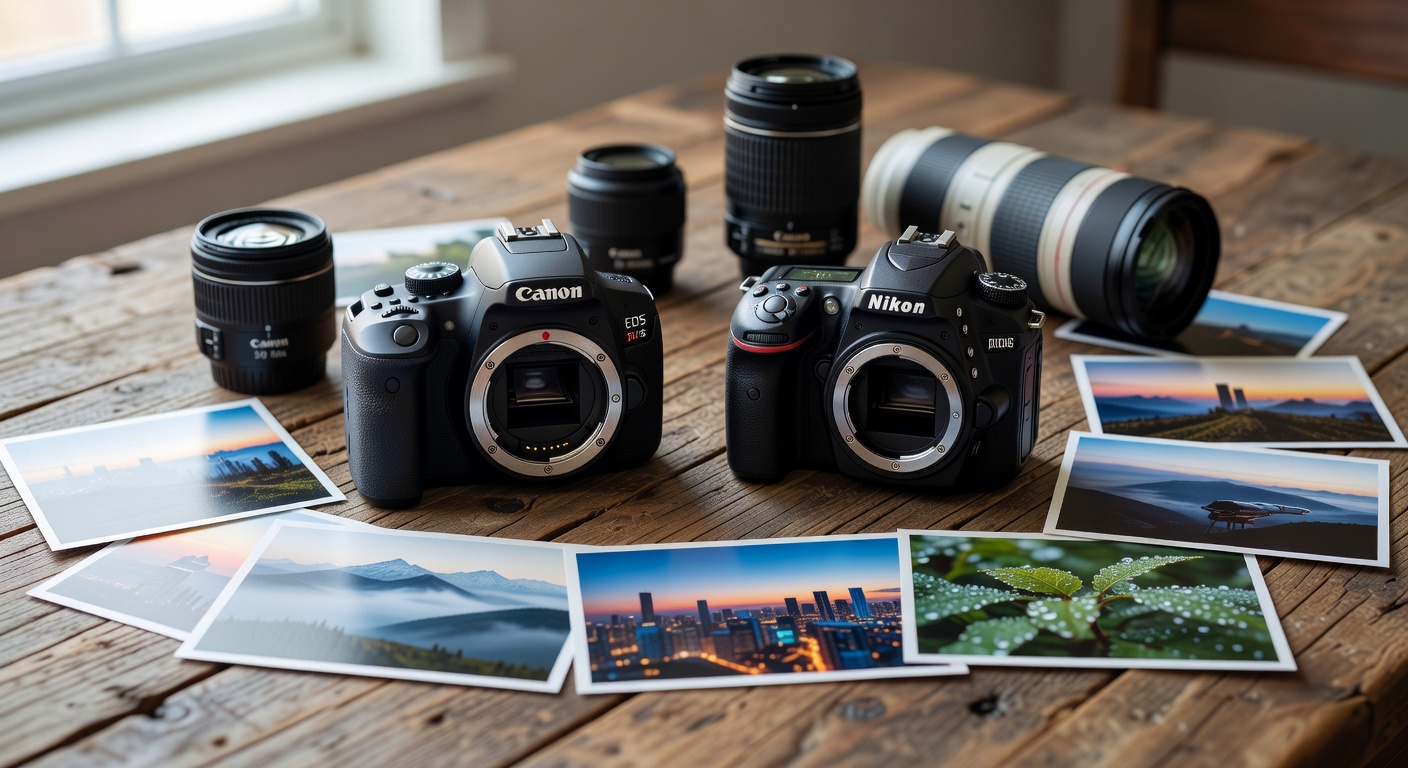 Side-by-side comparison of Canon Rebel T7 and Nikon D3500 on a wooden table with…