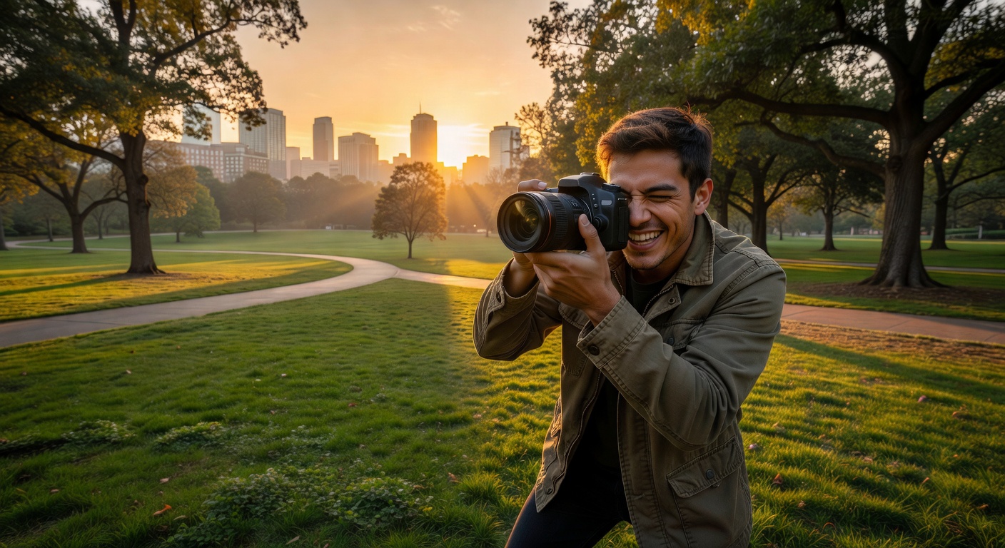 Excited beginner photographer framing a sunset shot with a DSLR in a city park, …