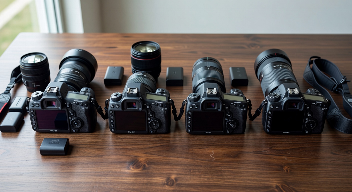 Side-by-side comparison of four DSLR cameras on a wooden table with lenses and a…