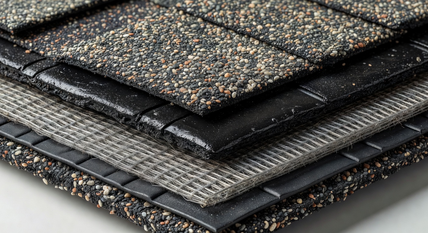 Cross-section diagram of asphalt shingle layers: fiberglass mat, asphalt coating…