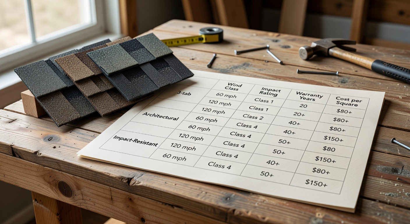 Comparison chart of shingle specs: wind class, impact rating, warranty years, co…