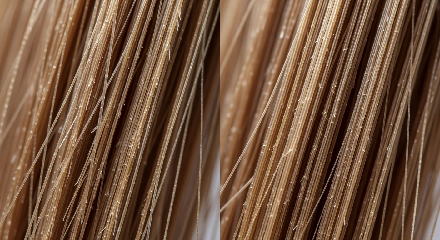 Close-up of fine hair strands under microscope showing split ends from Dyson vs …