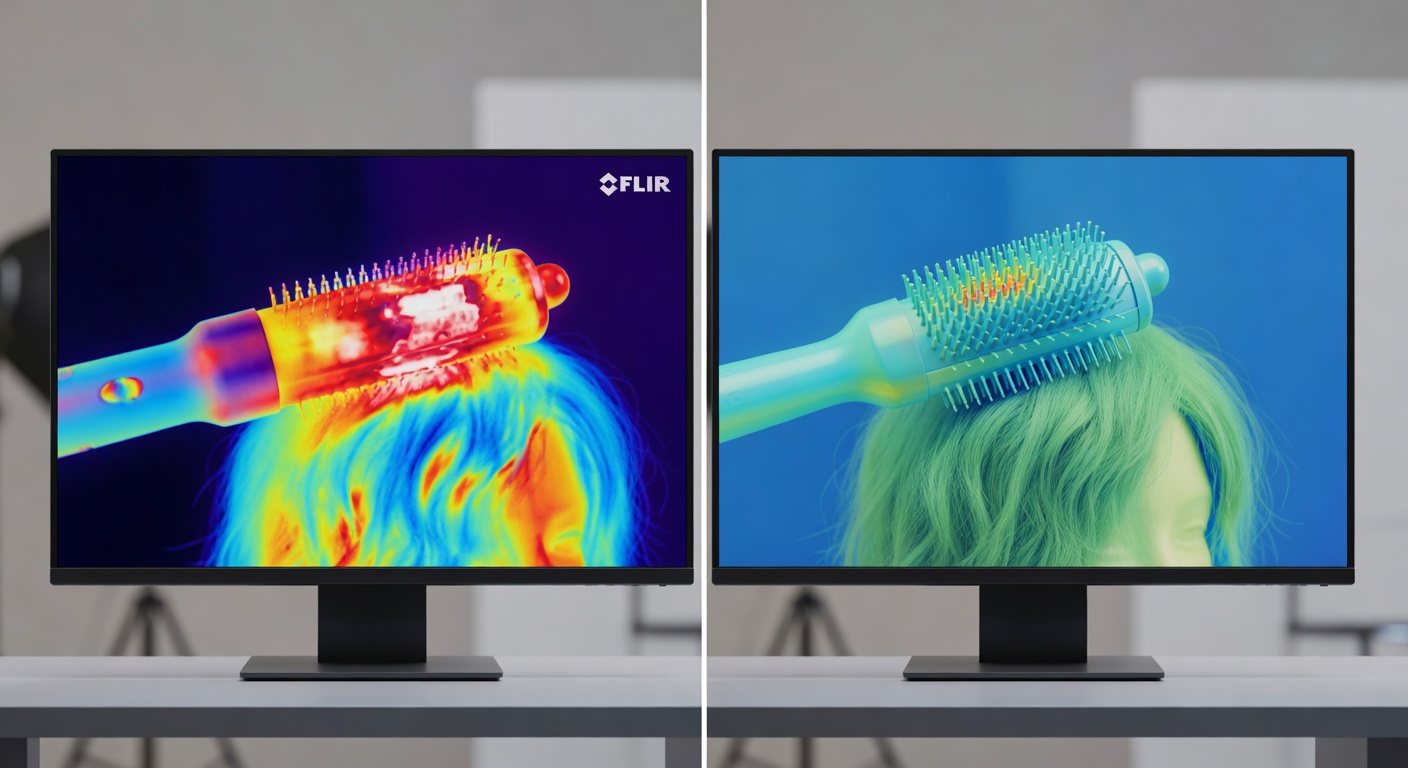 Side-by-side heat map images from FLIR camera: Dyson's barrel glowing red-hot un…