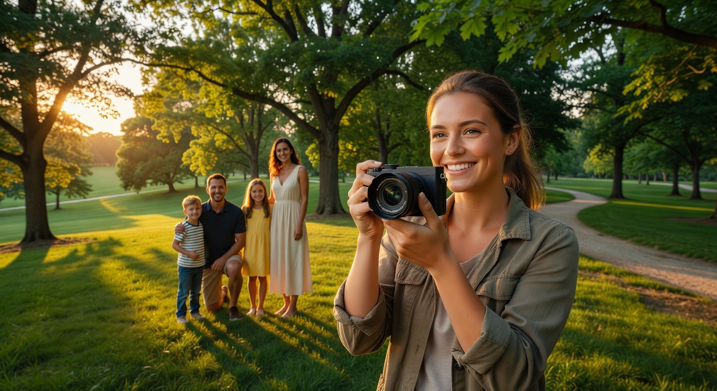 Smiling beginner photographer in a park, hands on a compact mirrorless camera, c…