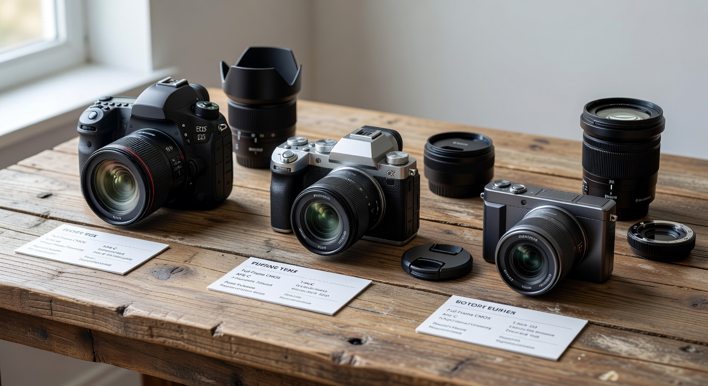 Side-by-side comparison of three cameras on a wooden table: DSLR, mirrorless, co…