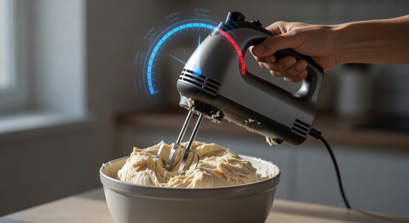 Close-up of hand mixer straining on thick dough, torque meter graphic overlay