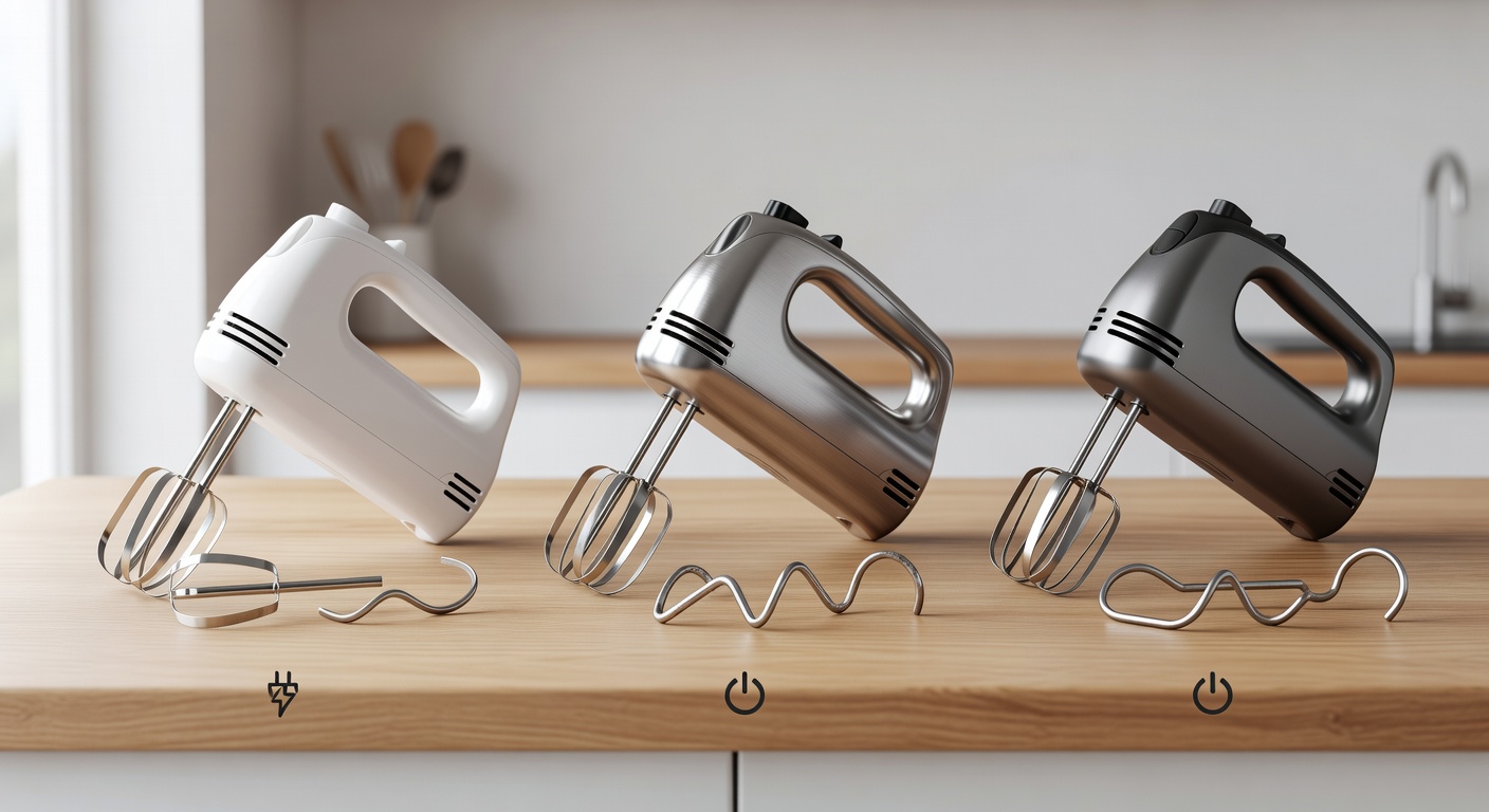 Comparison chart of hand mixers with beaters, dough hooks, and power icons