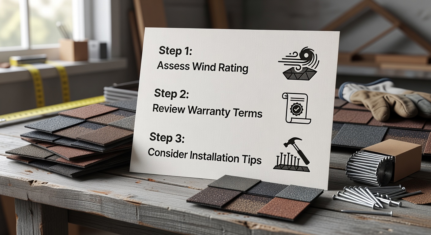 Step-by-step checklist for choosing shingles, with icons for wind rating, warran…