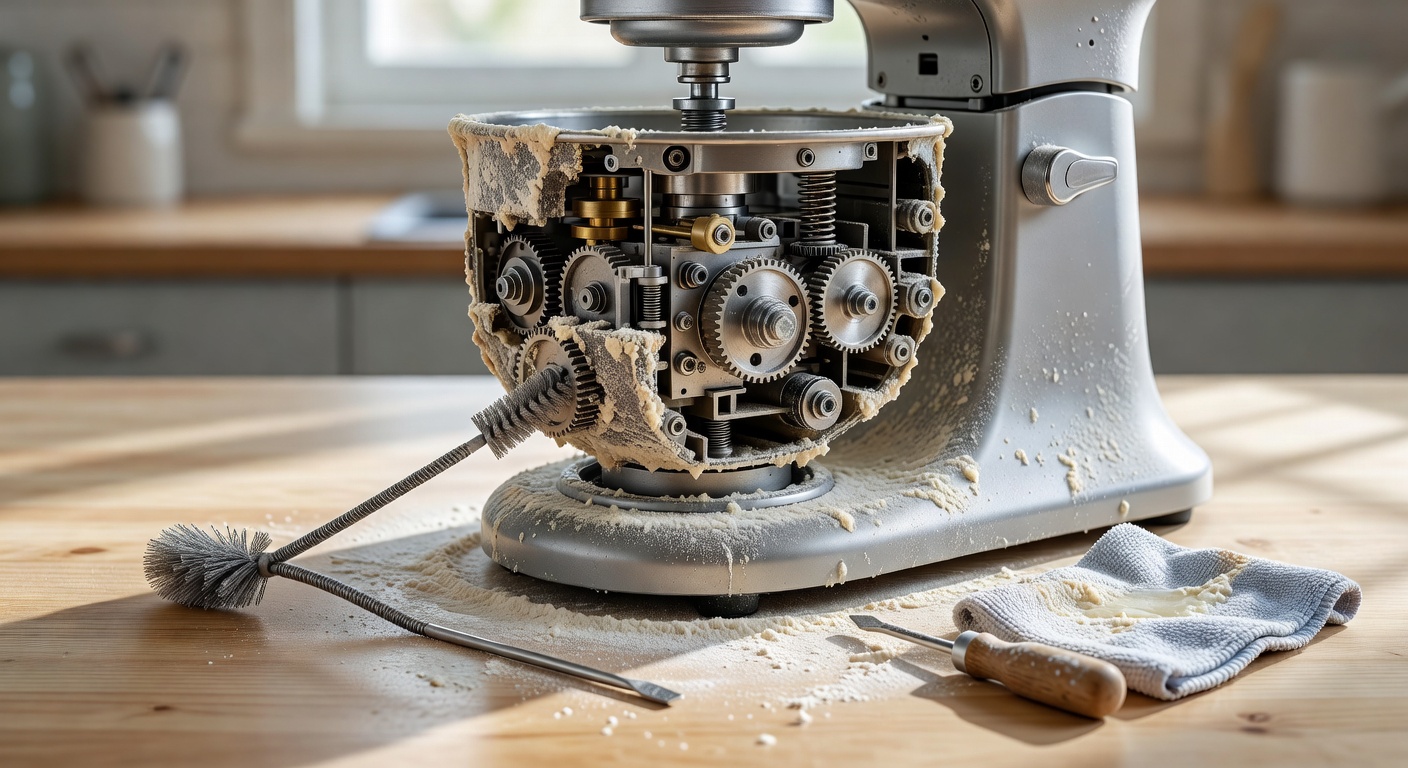 Close-up of a disassembled stand mixer head with cleaning tools and residue buil…