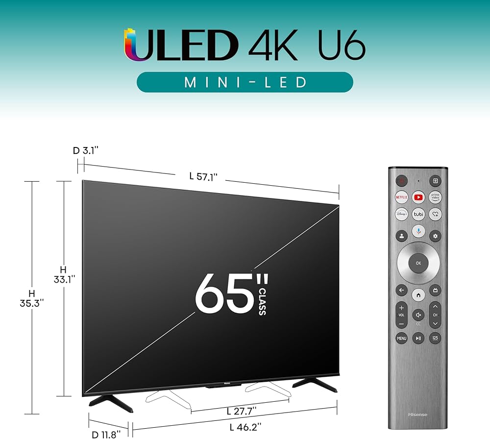 Hisense 65U6N Series Mini-LED QLED 4K UHD Smart Google TV (2024 Model)