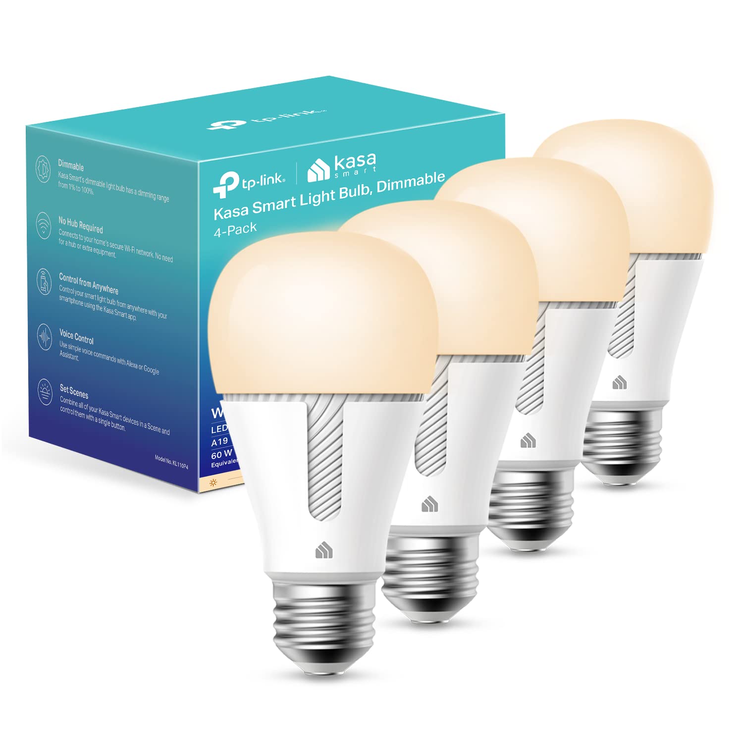 Kasa Smart Light Bulbs by TP-Link, Dimmable Smart Bulbs, A19 Bulb, 800 Lumens, Wi-Fi Bulbs, Works with Alexa & Google Home, No Hub Required (KL110, 4 Pack)