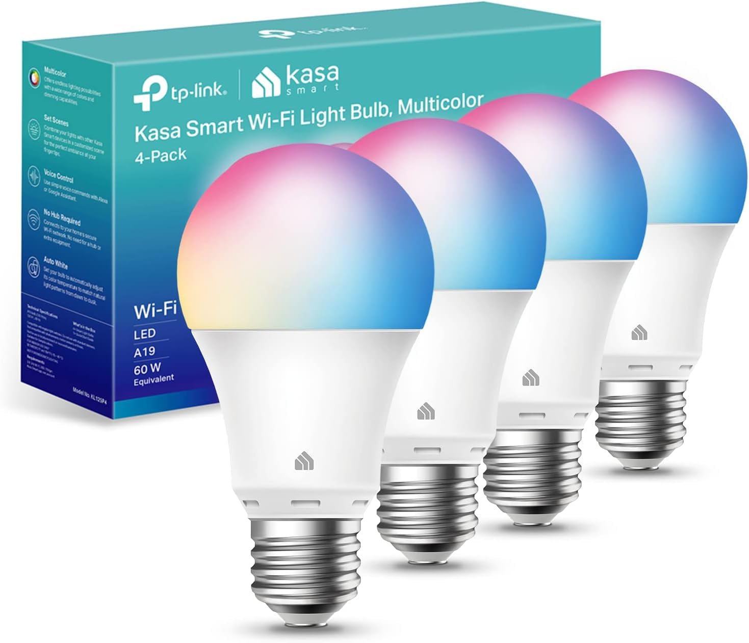 Kasa Smart Multicolor Light Bulbs by TP-Link, RGBWI Smart Bulbs, A19 Bulb, 800 Lumens, WiFi Light Bulbs, Works with Alexa & Google Home, No Hub Required, 4 Pack