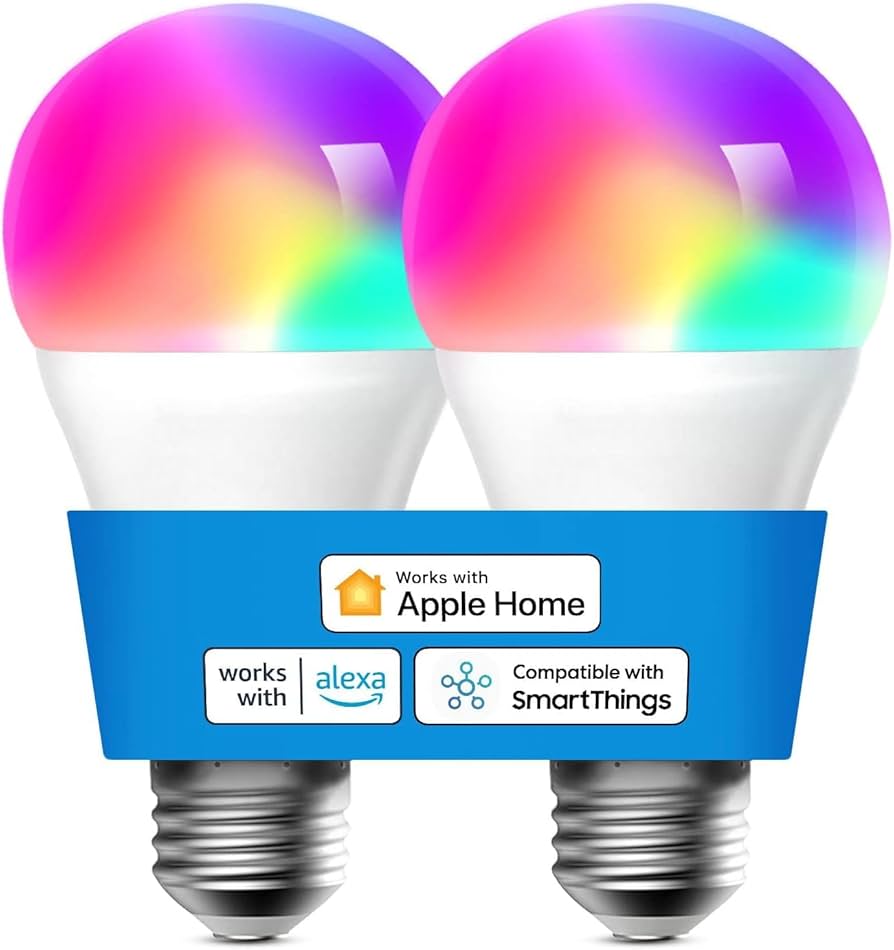 Meross Smart Light Bulb Matter Smart Bulb, WiFi Smart LED Light Bulbs Works with Alexa Google Home Apple Home Siri, RGB Color Dimmable E26 Bulb No Hub 2Pack