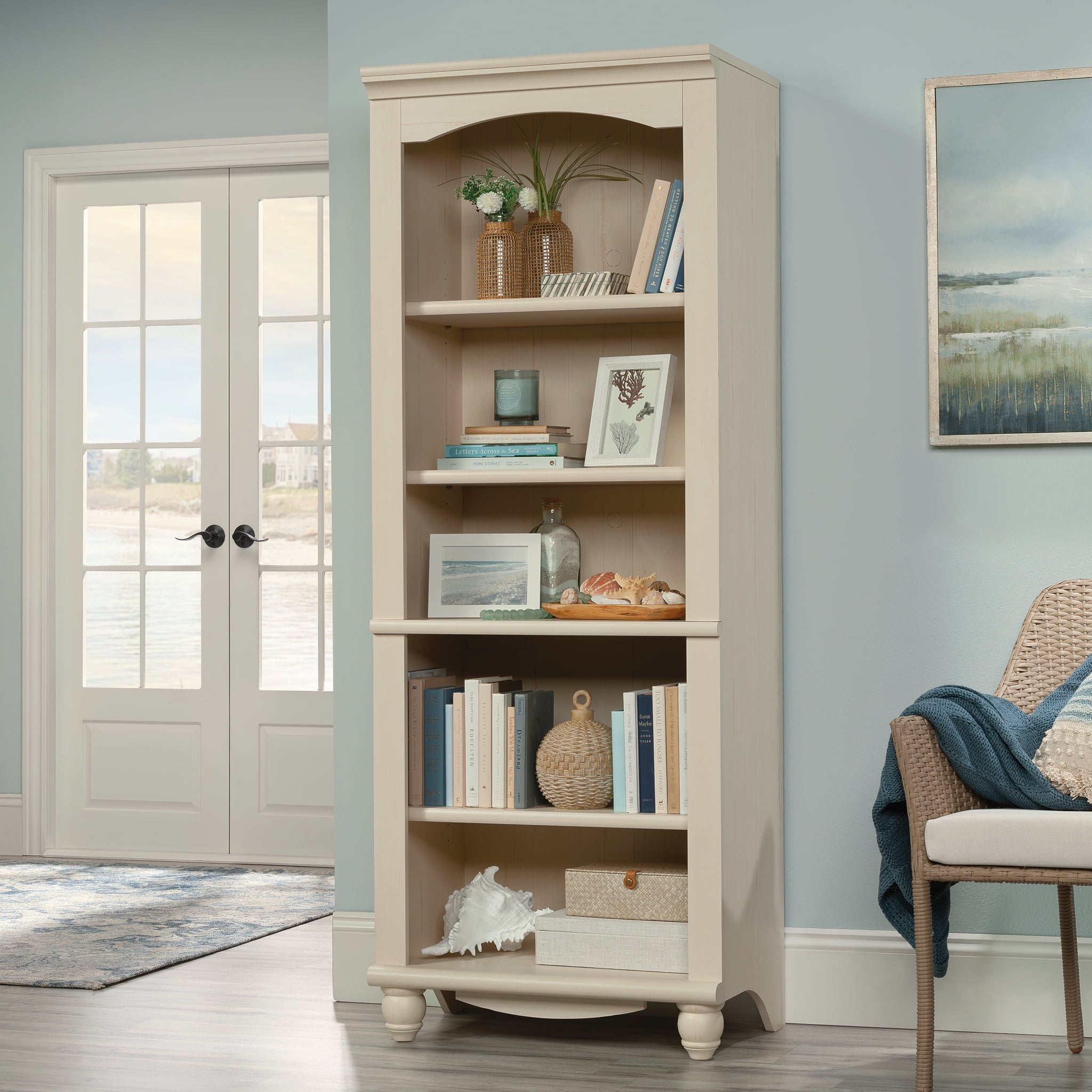 Sauder Harbor View 5 Shelf Library Bookcase, Antiqued White