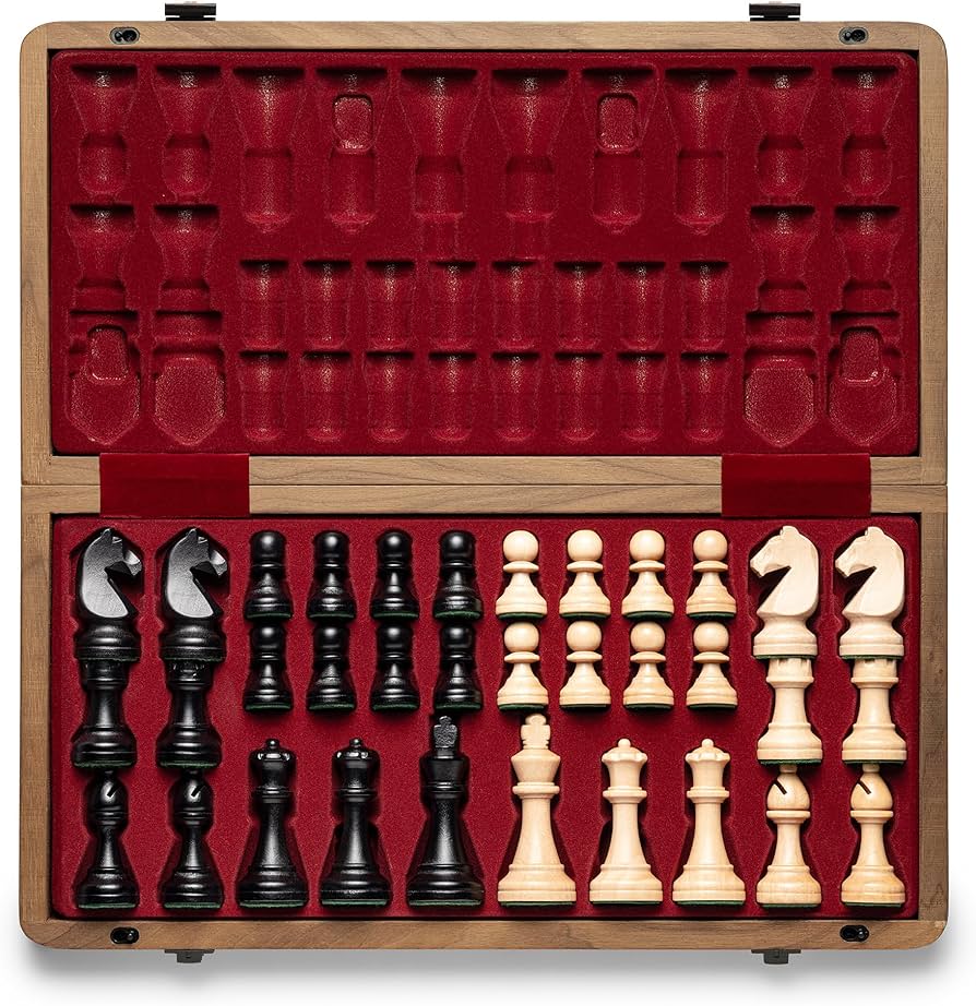 A&A Wooden Chess Set with Board - 15" x 15" Folding Board with Storage