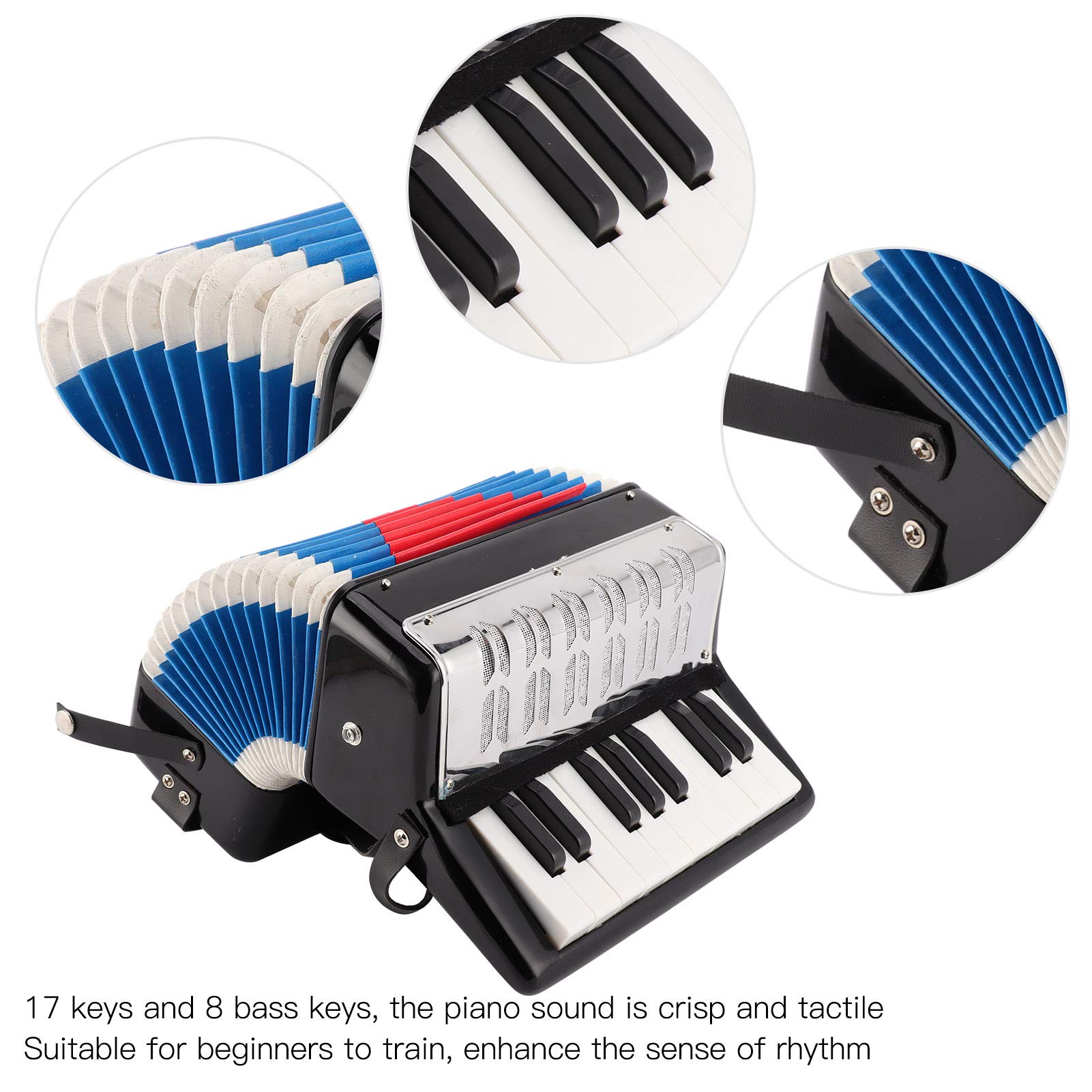 Accordion Musical Piano Keyboard, Toy Rhythm Training Spring Instrument with 17 Key 8 Bass, High Strength and Impact Resistance, Training for Beginners and Students, Black
