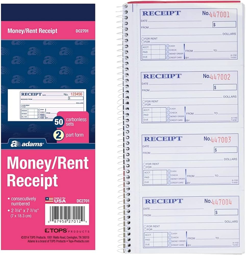 Adams Money and Rent Receipt Book (Adaptable for Expenses)
