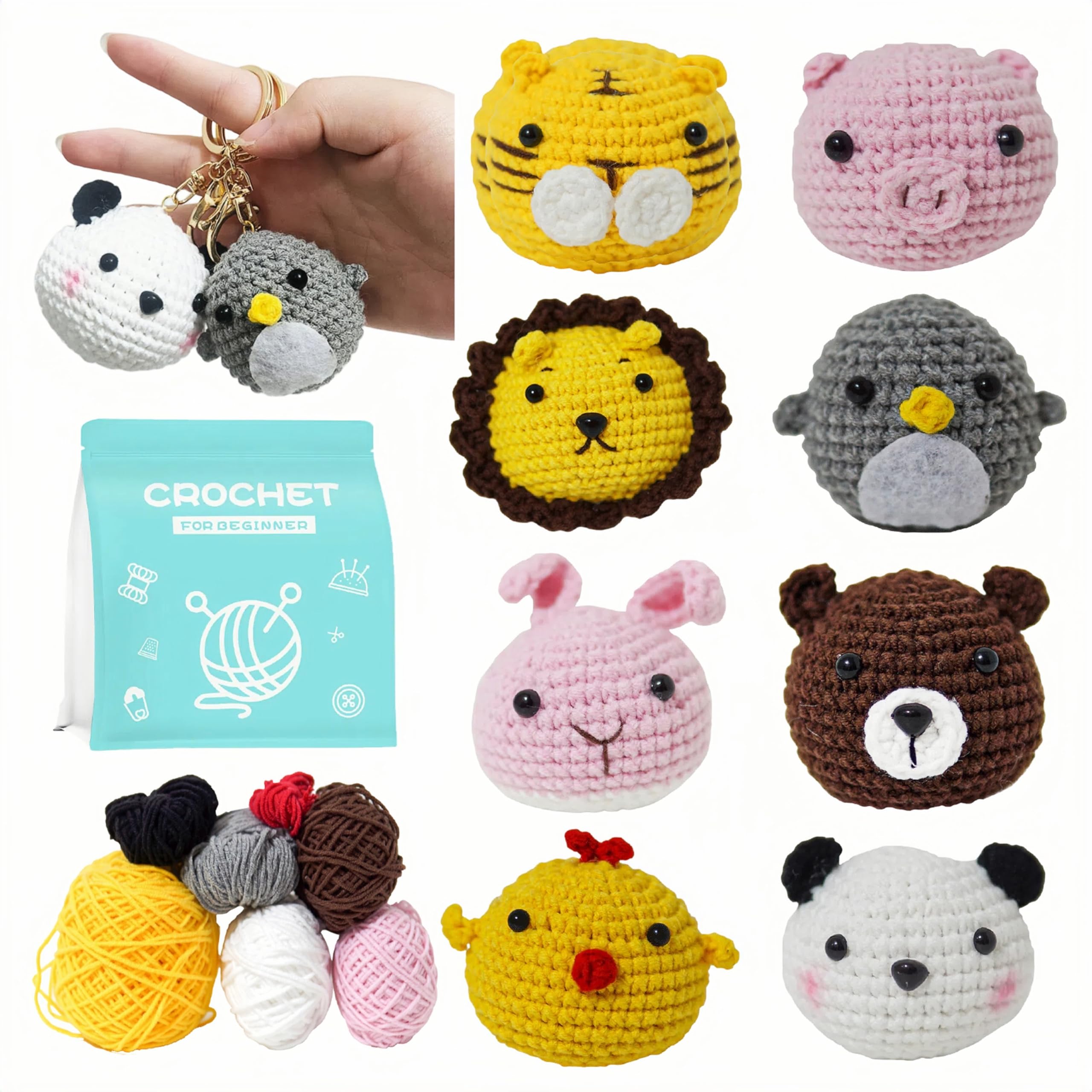 Amigurumi Crochet Kit for Beginners - 8 Plush Animals Patterns with Hooks & Yarn