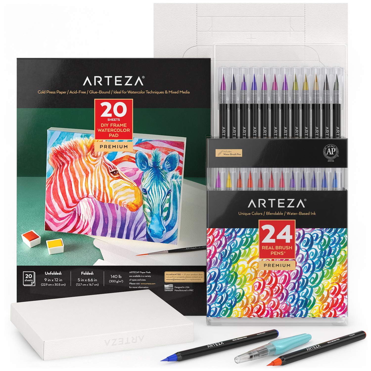 Arteza Acrylic Paint Set, 24 Colors with Brush Pens and Canvas