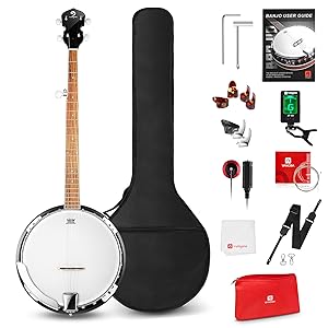 Beersone 5-String Banjo Beginner Kit with Tuner, Armrest, 5th Tuner, Strap, Strings, Bag