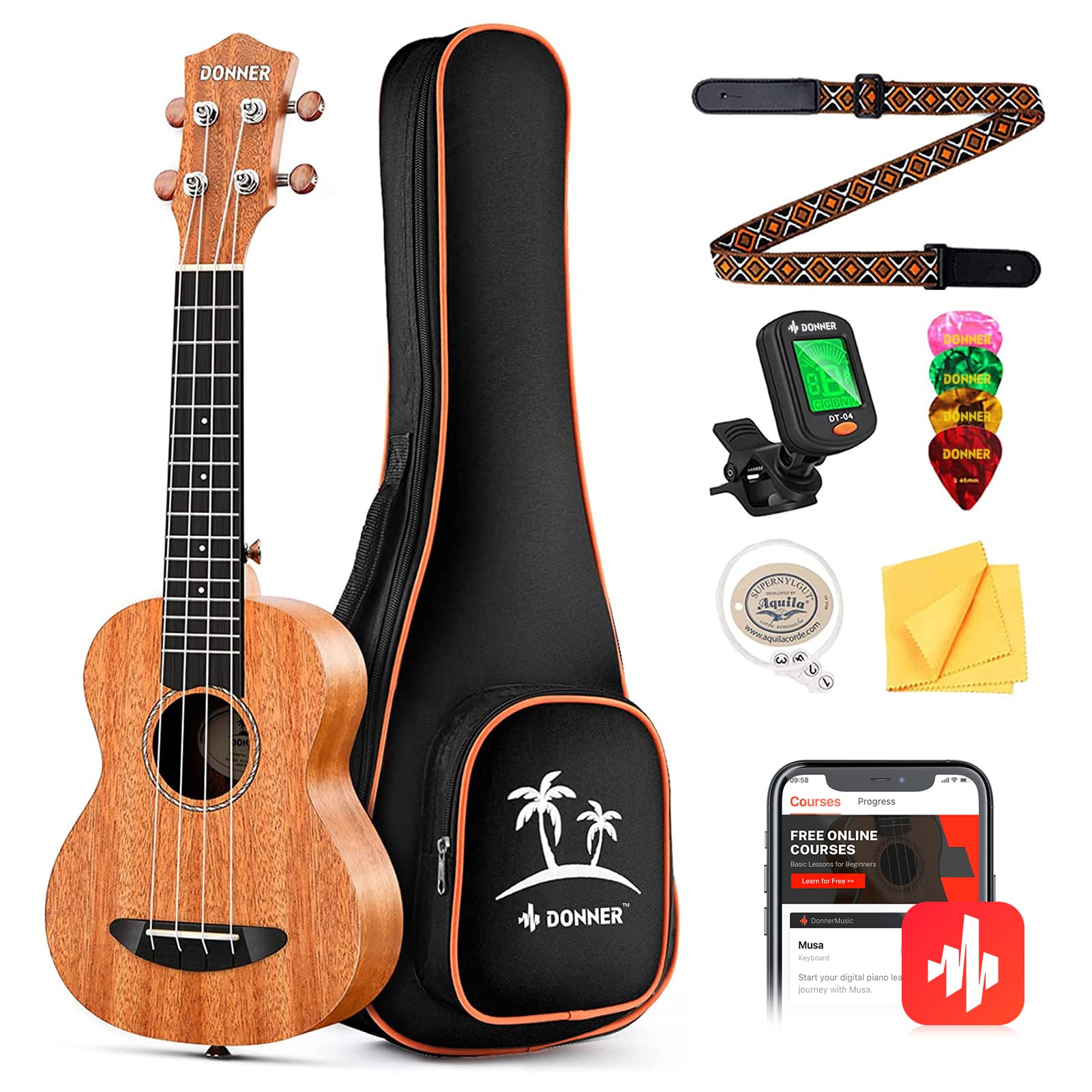 Donner Concert Ukulele 23 Inch Mahogany Professional Starter Kit