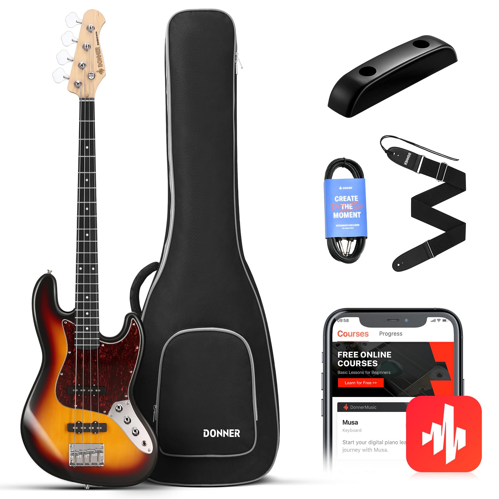 Donner Electric Bass Guitar Kit Sunburst Full Size 4 String