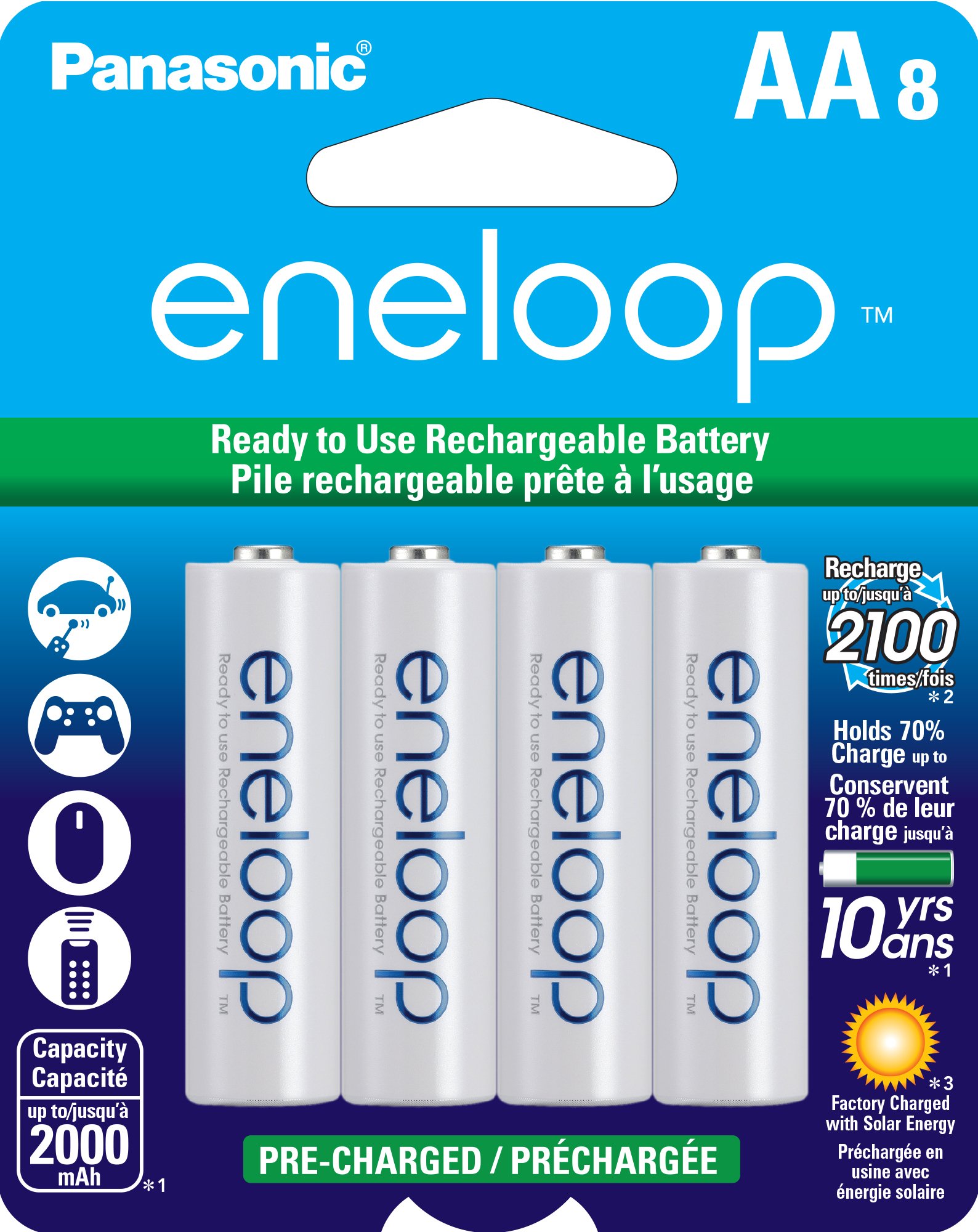 Eneloop AA Rechargeable Batteries, 8 Pack with Charger