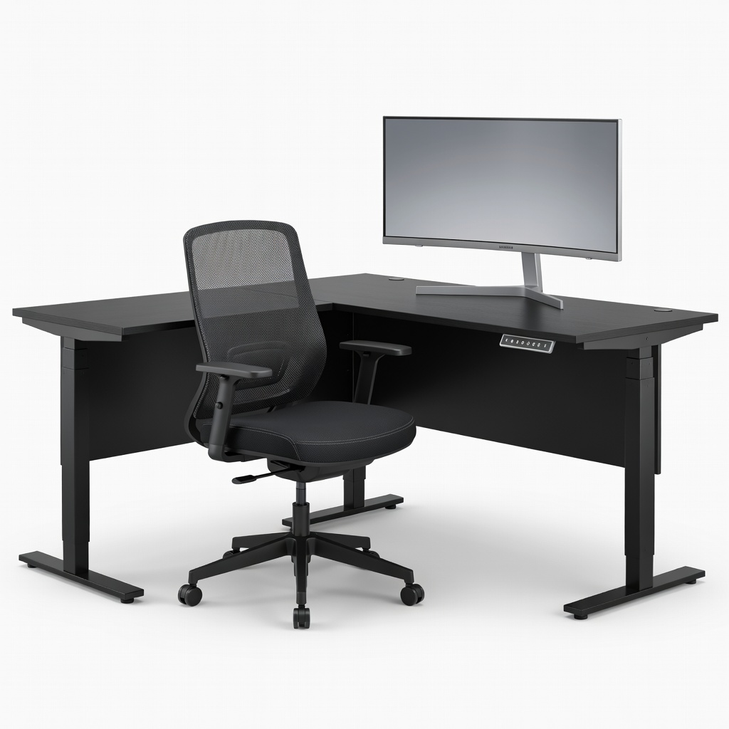 Fezibo Electric L-Shaped Desk + Neo Flex Chair + Samsung LS27C360 27-inch Curved Monitor Bundle