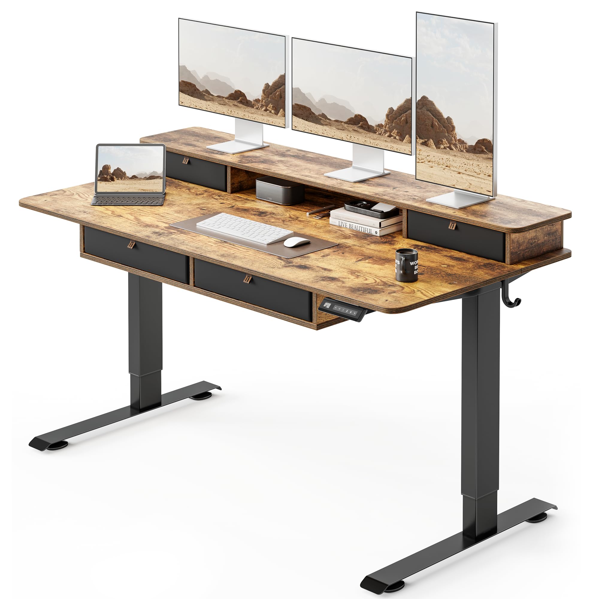 Fezibo Electric Standing Desk (55-inch Bamboo) + Branch Softside Ergonomic Chair + Ergotron LX Desk Mount