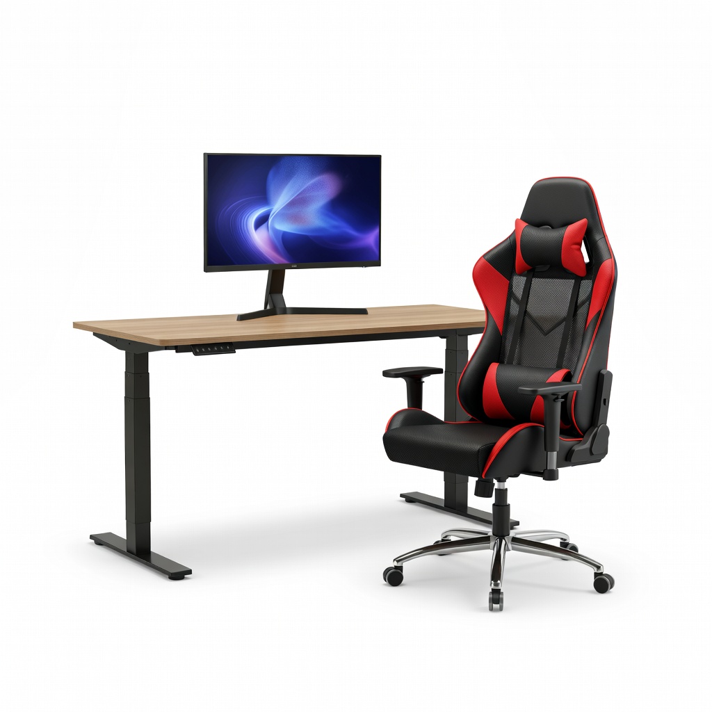 FEZIBO Electric Standing Desk 55-inch + GTRACING Gaming Series Chair + Samsung Odyssey G30A 24-inch 144Hz Monitor