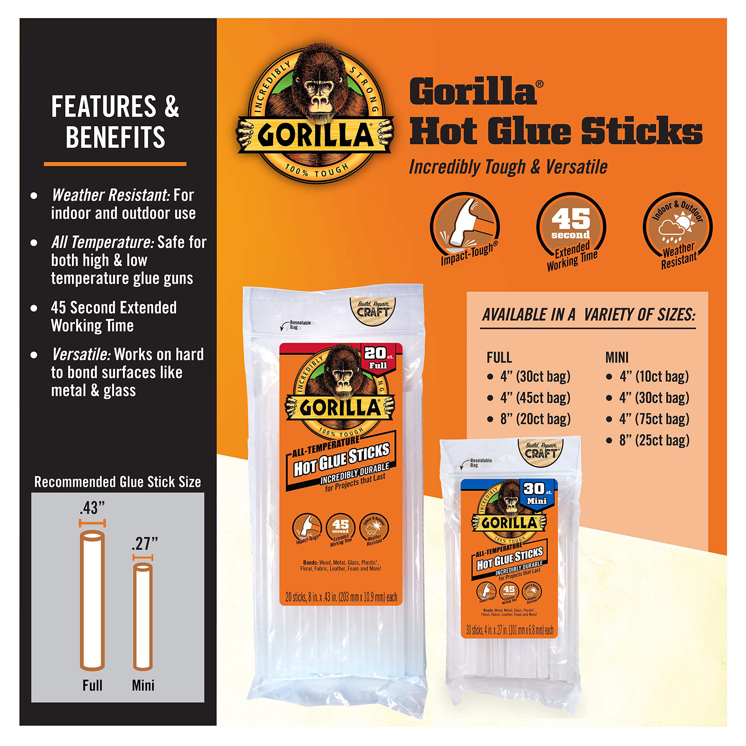 Gorilla Hot Glue Sticks 4-Inch 20 Pack