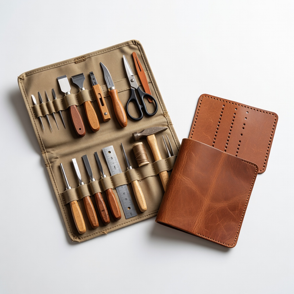 Leather Craft Kit with 12pcs Tools, Genuine Leather for Wallet Making, Beginner Friendly