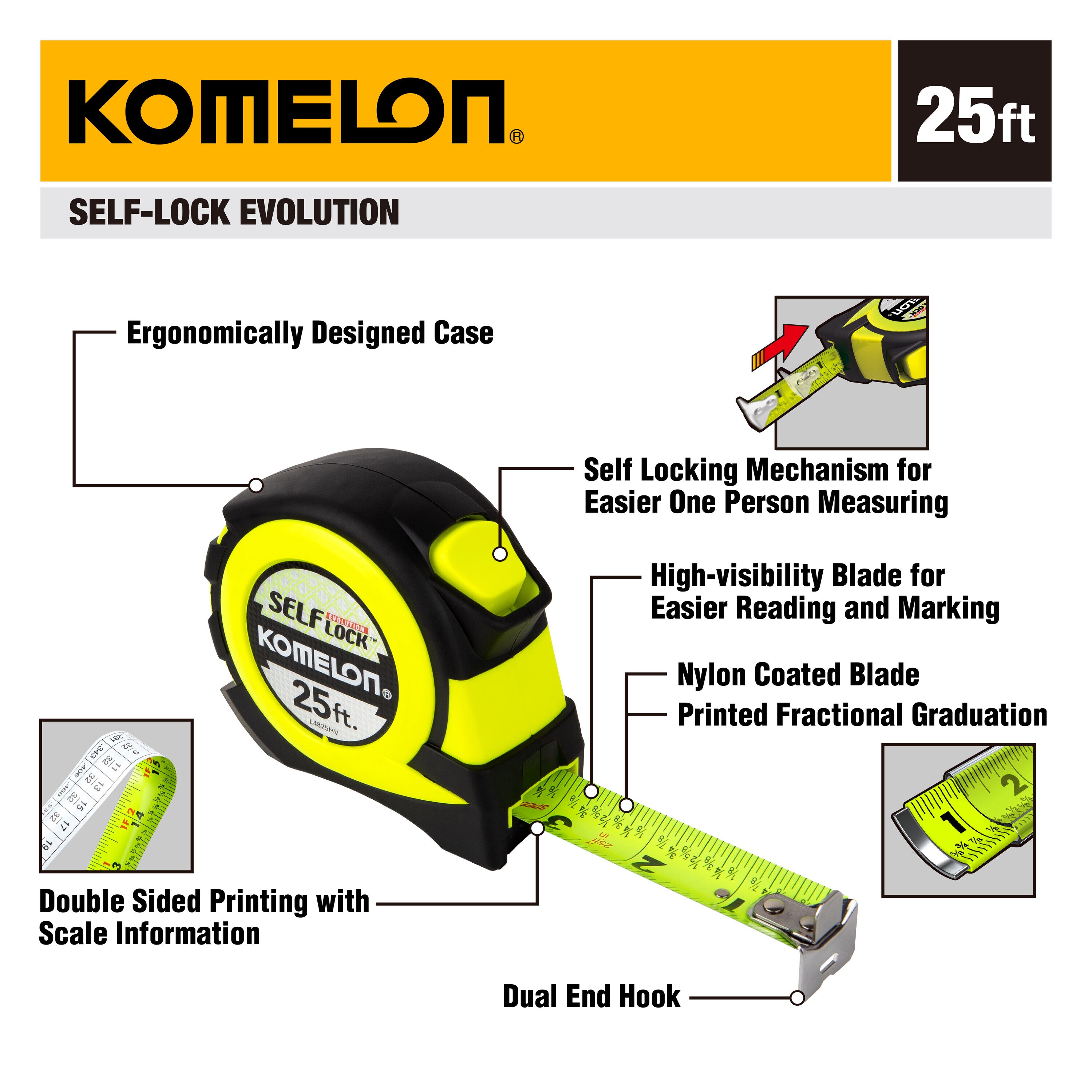 Komelon Self-Lock 25ft Tape Measure
