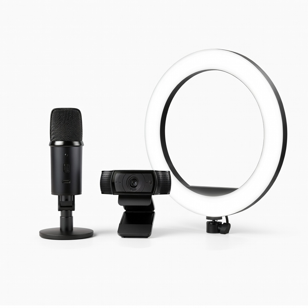 Logitech C922 Pro Stream Webcam + FIFINE K669B USB Microphone + Neewer 10-inch Ring Light