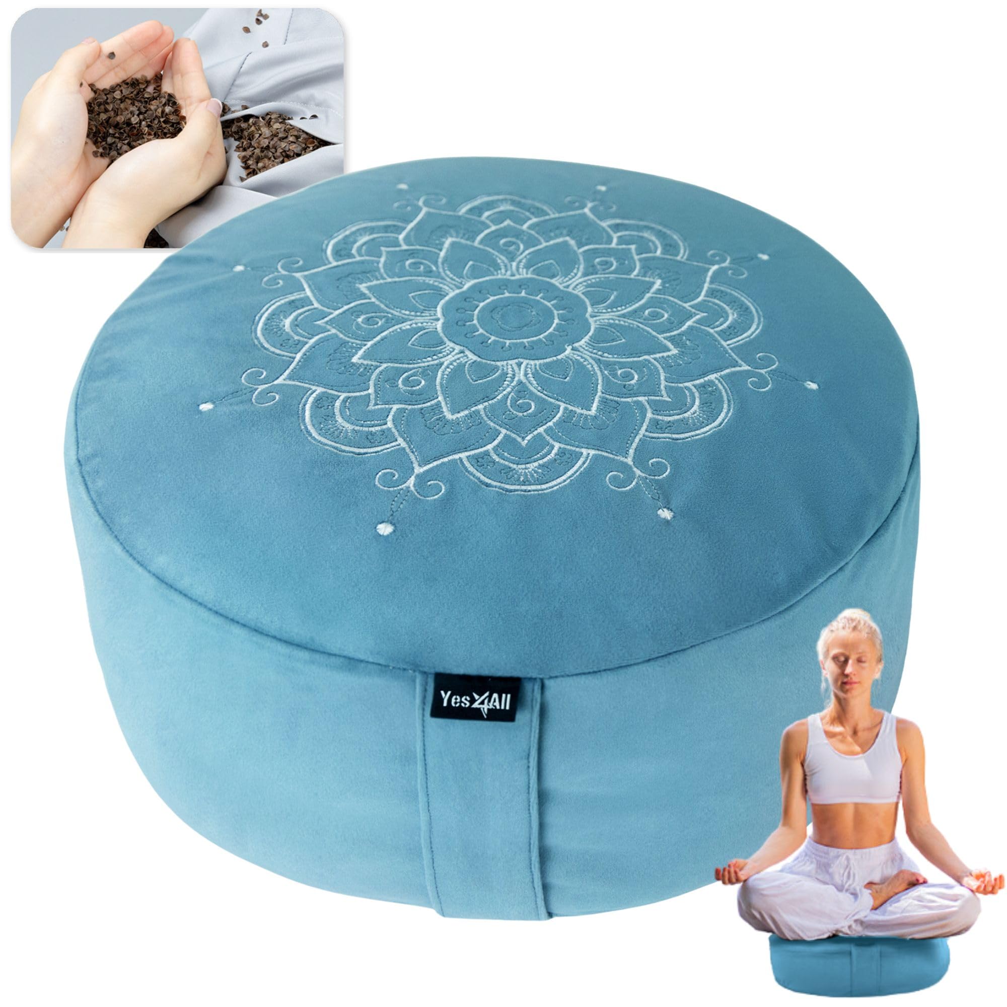 Meditation Cushion Buckwheat Zen Pillow for Floor Chair, Yoga Bolster Round Zafu Sitting, Supportive for Kids & Adults
