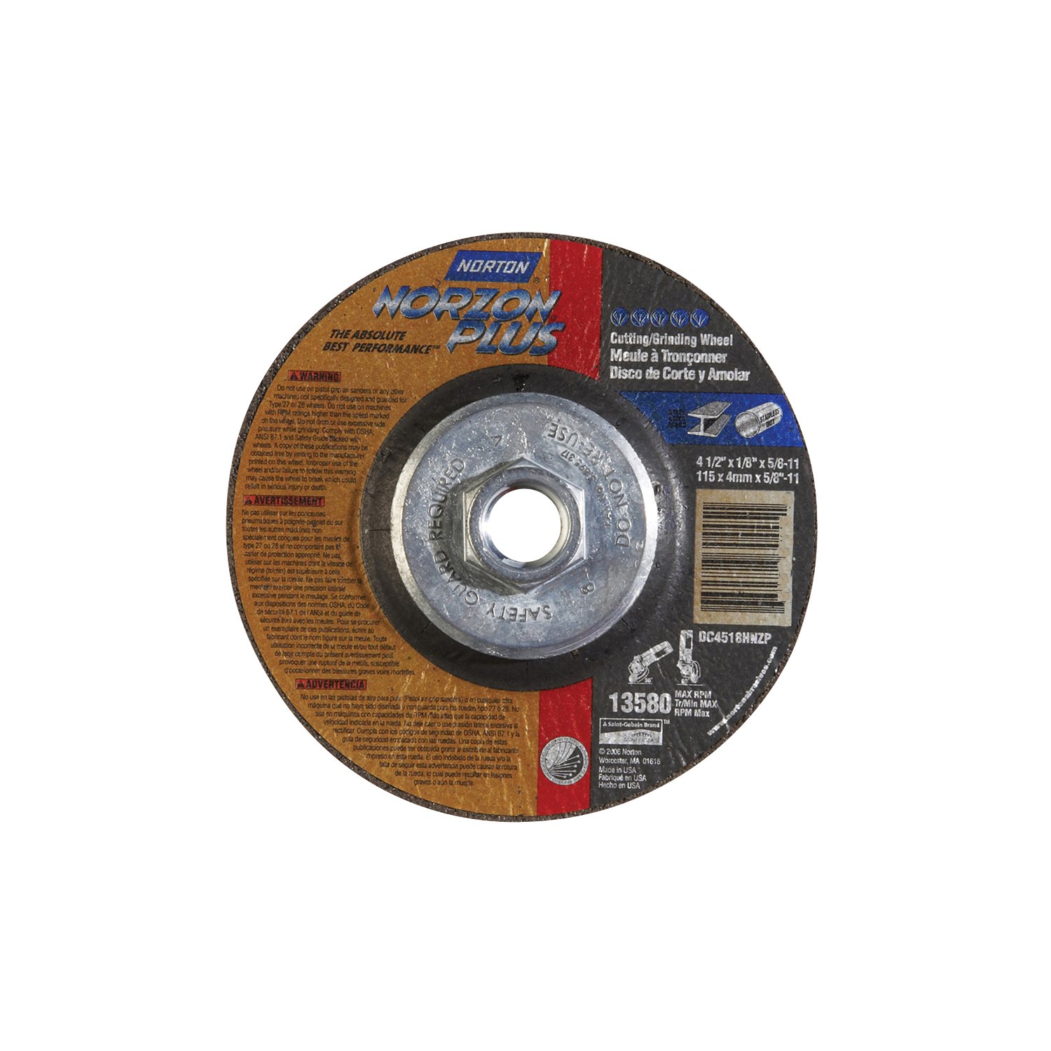 Norton Gemini Zirconia Type 27 Depressed Center Wheel, 36 Grit